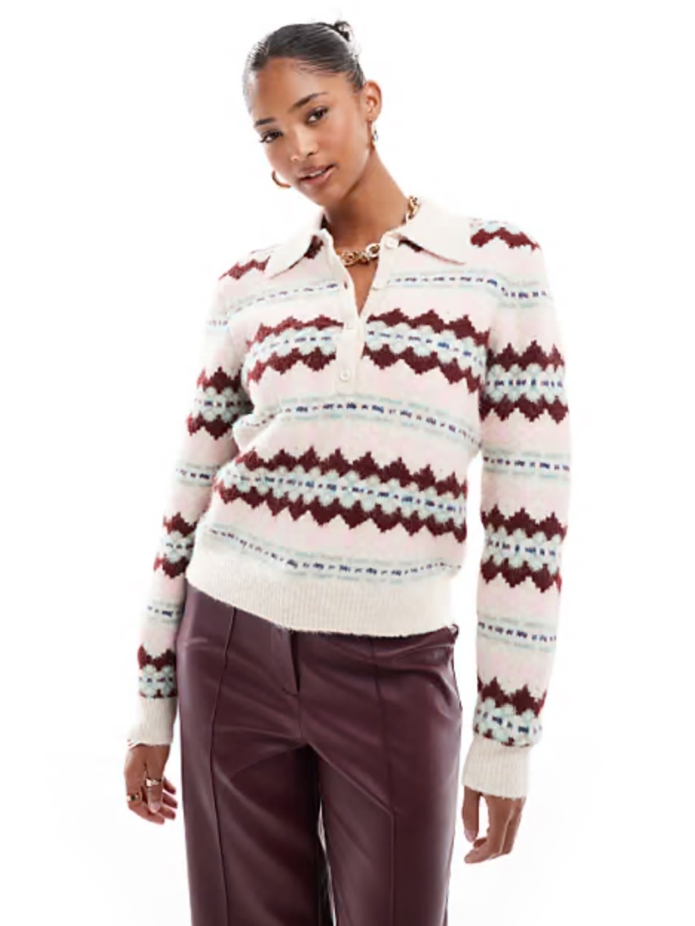ASOS Collared Fair Isle Pullover Sweater in Cream, Pink & Maroon